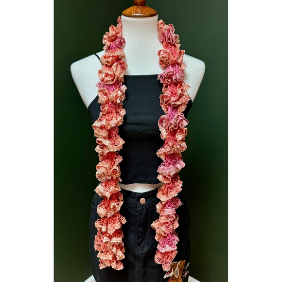 Ruffled Crochet Pink and Orange Rosette Lightweight Knit Scarf - Picture 1 of 4